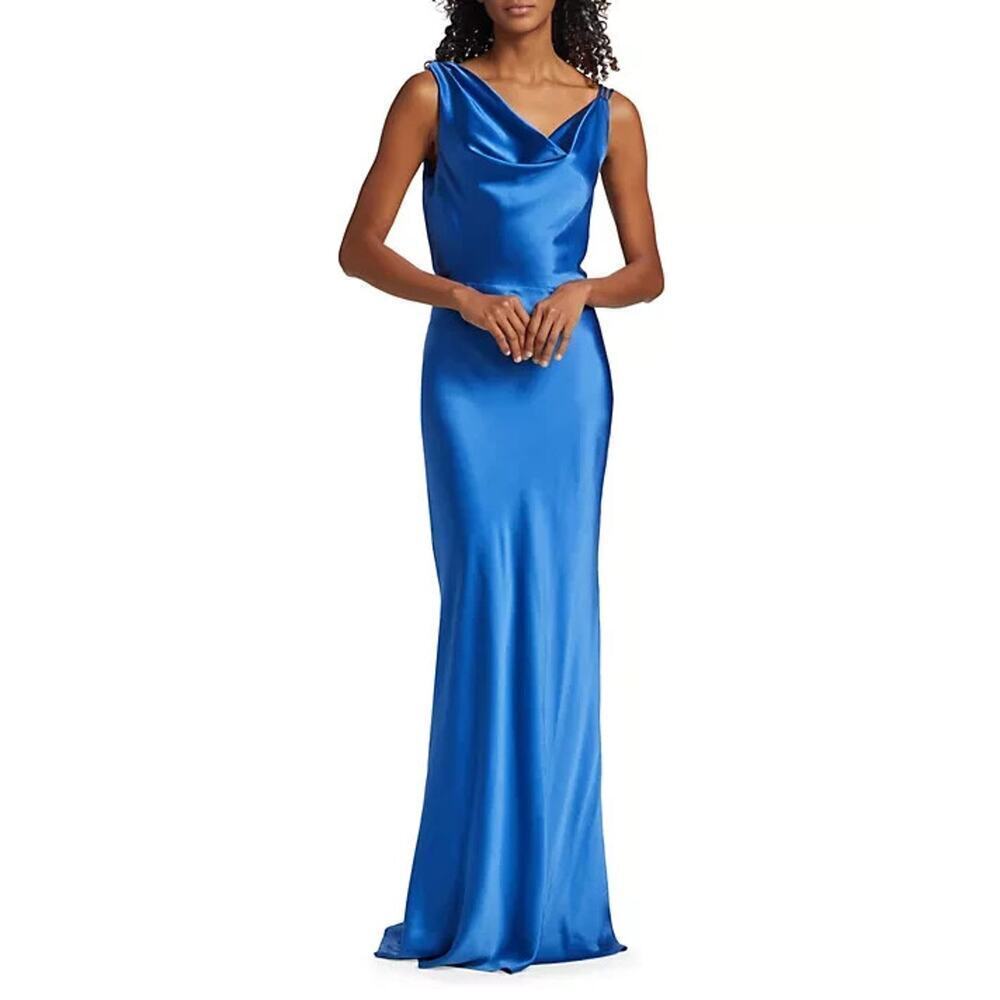 NWD Veronica Beard Sanderson Silk Satin Cowlneck Maxi Dress Gown SZ 6 Blue 2M456